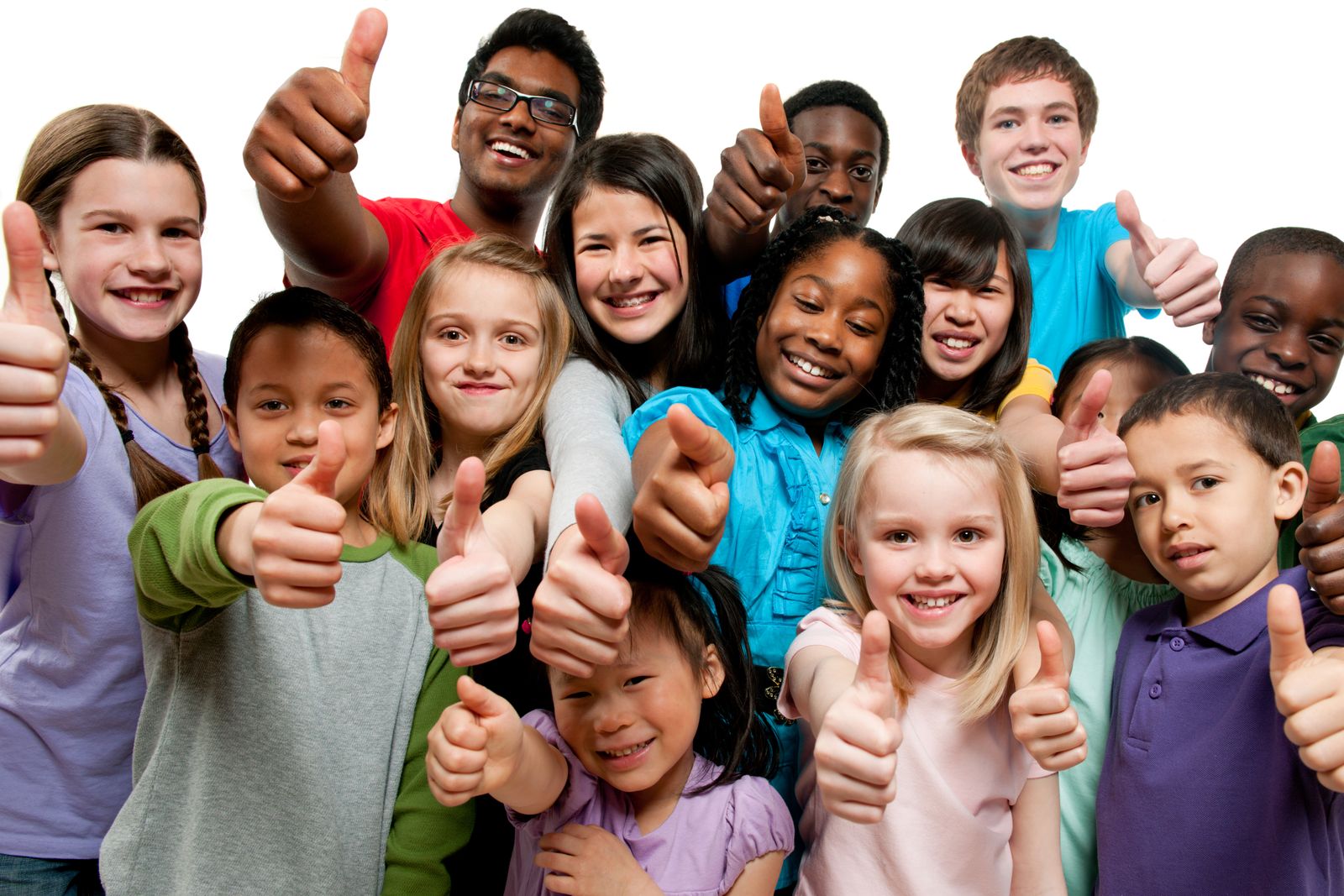 A diverse group of smiling children giving a thumbs up